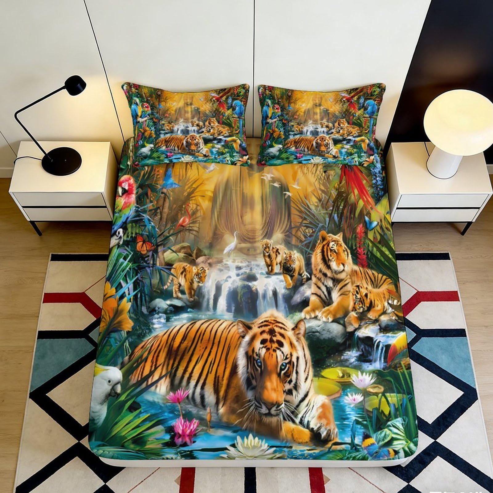 3D Printed Tiger Jungle Fitted Sheet Microfiber Soft Breathable Exotic Wildlife Bed Cover for Bedroom Dormitory Guest Room Mattress Protection Decor 90x200x25cm