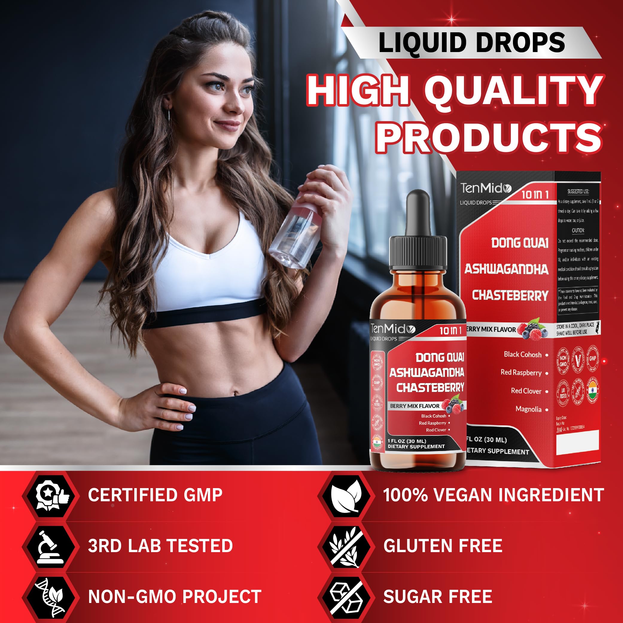 10in1 Liquid Dong Quai Supplement for Women with Ashwagandha, Chasteberry, Black Cohosh, Red Clover, Magnolia, Red Raspberry, Hops Flower, Lemon Balm, and Ginger - 30ml 1 Fl Oz — Amazon image 8