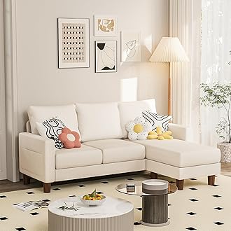 JUMMICO Couch for Small Living Room, 72" Small Sofa with Reversible Ottoman, 3 Seat L-Shaped Sofas, Comfy Couches for Apartment (Linen Fabric, Apricot)