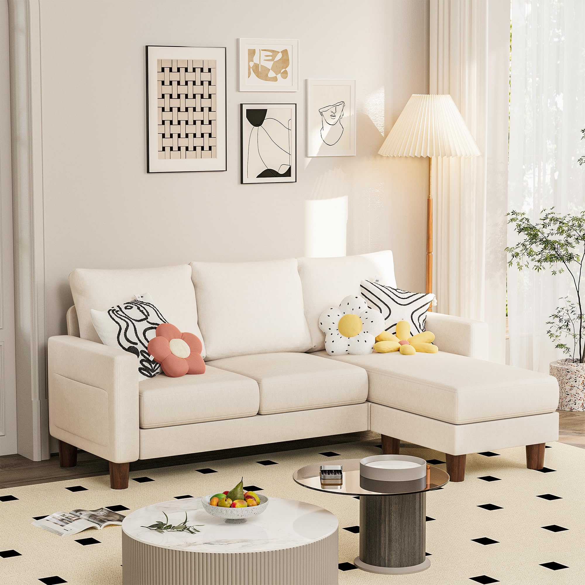JUMMICO Couch for Small Living Room, 72" Small Sofa with Reversible Ottoman, 3 Seat L-Shaped Sofas, Comfy Couches for Apartment (Linen Fabric, Apricot)