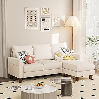 JUMMICO Couch for Small Living Room, 72" Small Sofa with Reversible Ottoman, 3 Seat L-Shaped Sofas, Comfy Couches for Apartment (Linen Fabric, Apricot)