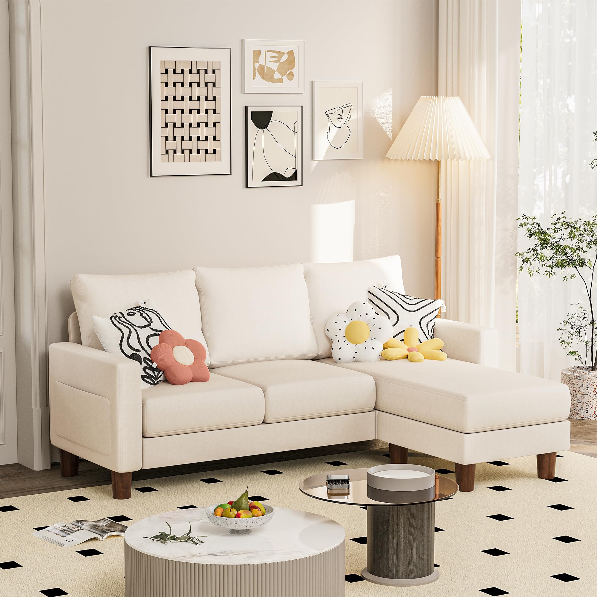 JUMMICO Couch for Small Living Room, 72" Small Sofa with Reversible Ottoman, 3 Seat L-Shaped Sofas, Comfy Couches for Apartment (Linen Fabric, Apricot)