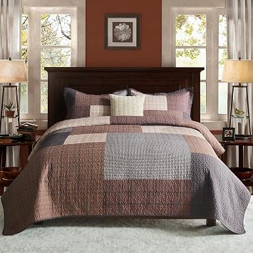 100% Cotton Queen Quilt Set, Queen Bedspreads with Pillow Shams, Farmhouse Patchwork Plaid, Lightweight Soft Quilted Comforter Bedding Set, Brown/Beige/Gray