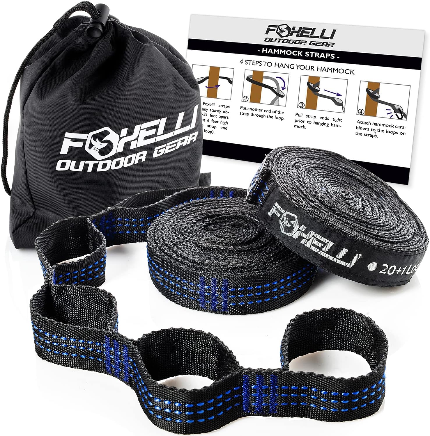 Foxelli XL Hammock Straps - Extra Long 20FT Heavy Duty No-Stretch Suspension System