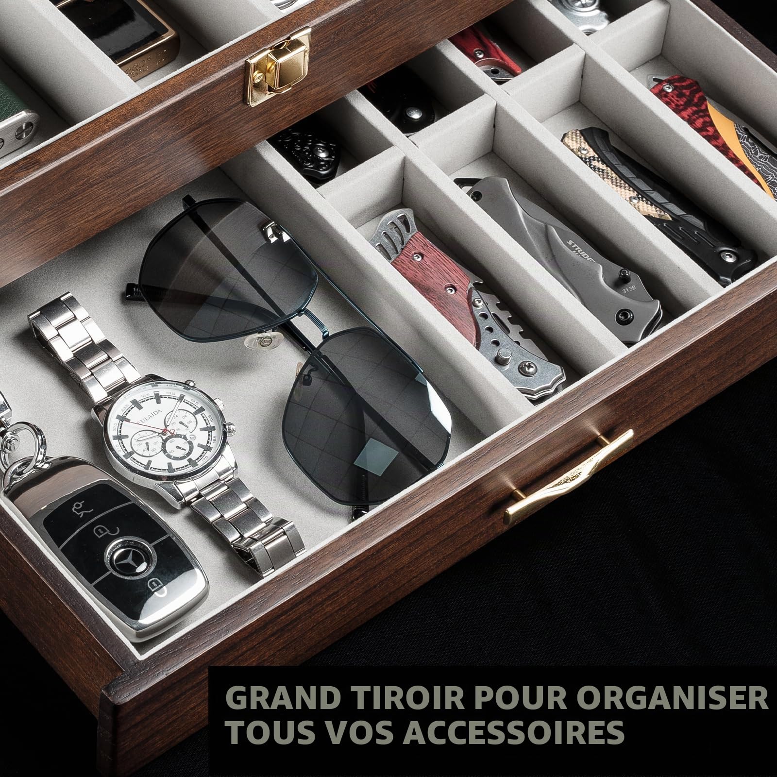 2 Étages Coffret Poignard, Bois Boîte Présentation Poignard pour 17 à 23 Couteaux de Poche, Grande Vitrine à Couteaux avec Vitre Supérieure en Verre Véritable, pour Collection, Cadeau (Noyer)