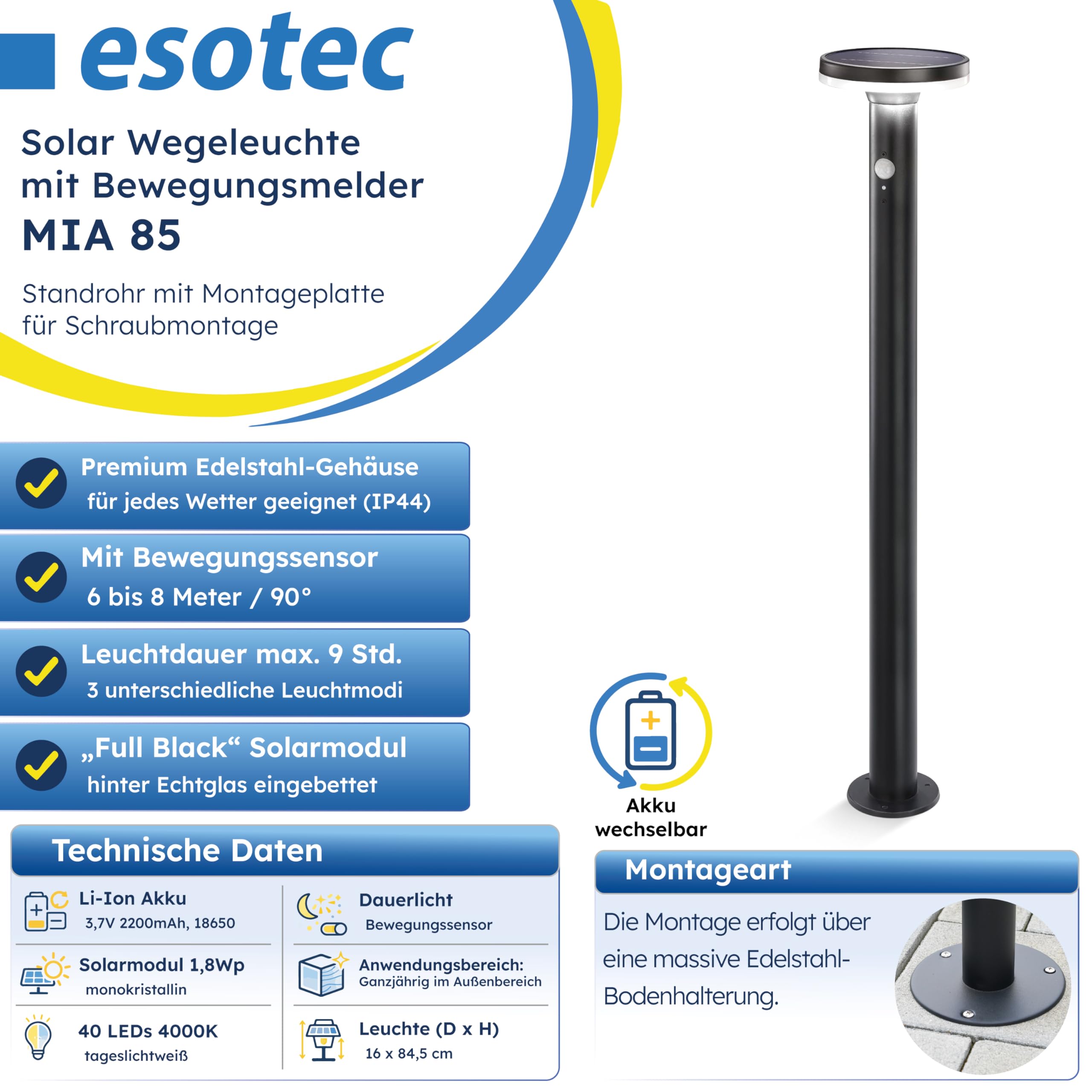 esotec Solar Wegeleuchte Mia 85 cm, Solarleuchte mit Bewegungsmelder, 600 lm, Solar Pollerleuchte mit 3 Leuchtmodi, IP44, 102593