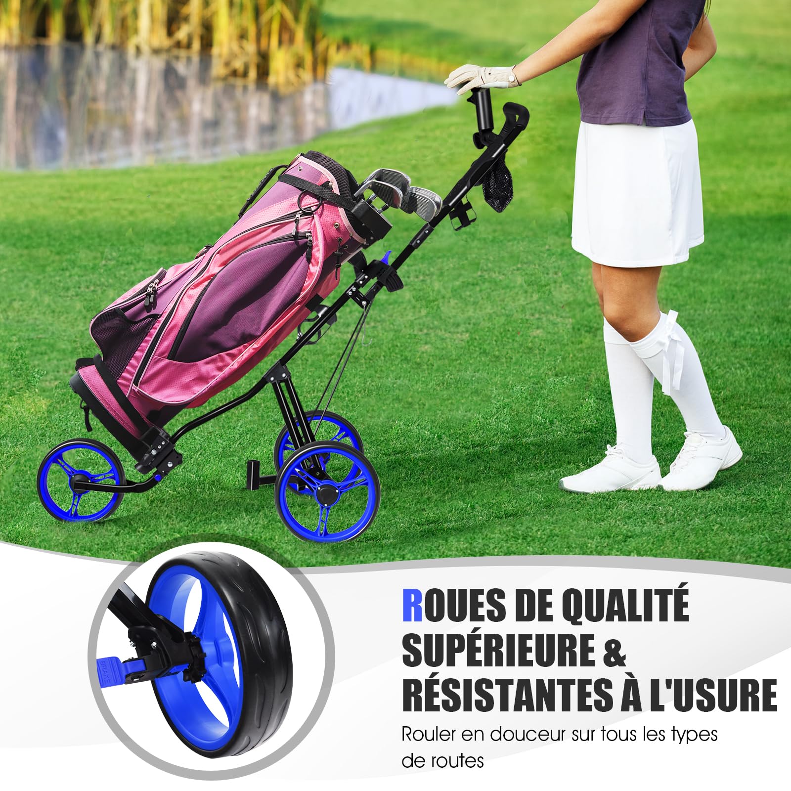 COSTWAY Chariot de Golf avec Siège Poignée Réglable, Voiturettes à Pousser Pliable à 3 Roues avec Tableau de Bord, Porte-Gobelet, Porte-Parasol, Frein au Pied, Roues Amovibles