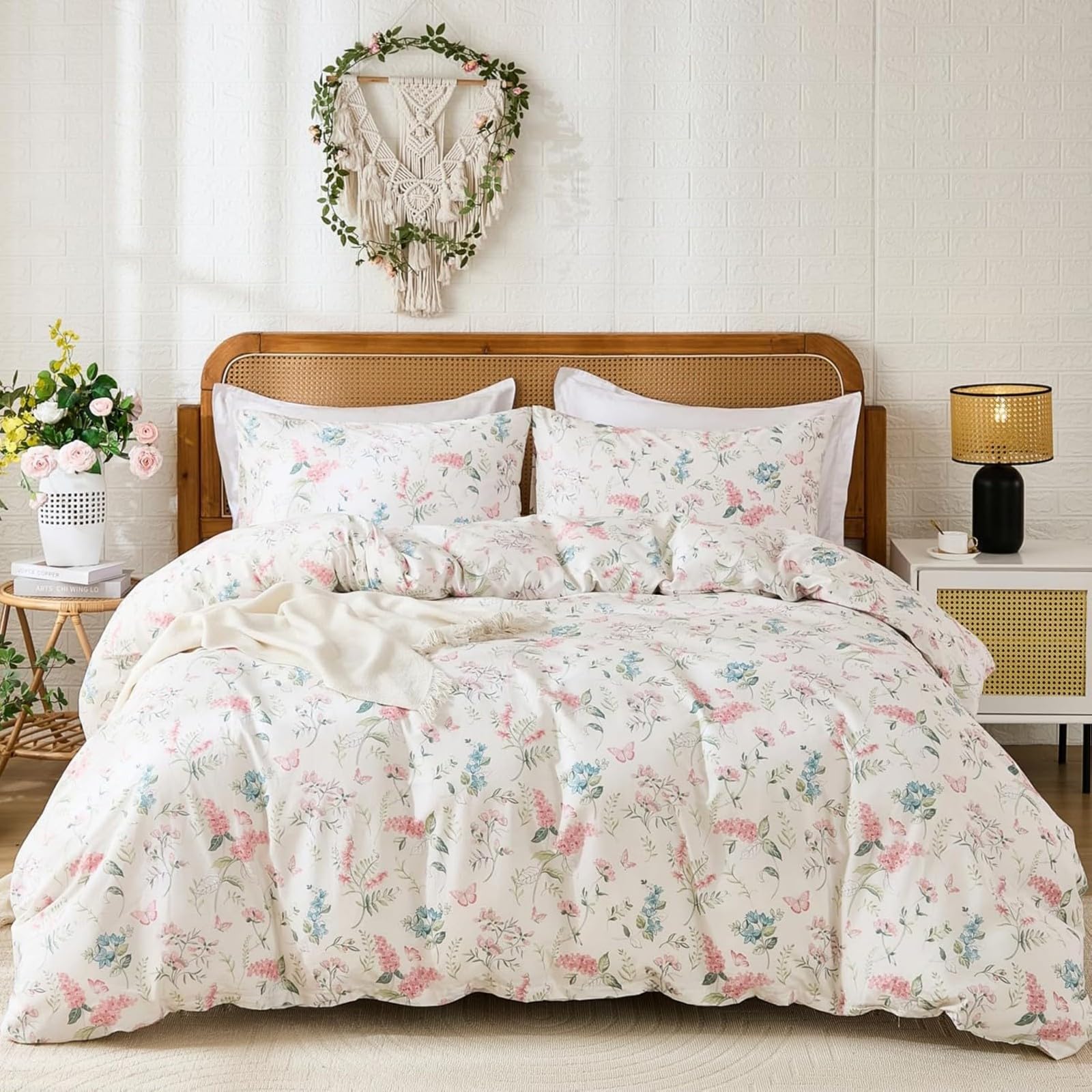 Freyamy Blumen Bettwäsche 135x200cm 2teilig Baumwolle Weiß Grün Bunt Floral Blätter Pflanzen Wende Bettwäsche Blumenmuster Mädchen Bettbezug mit Reißverschluss und Kissenbezug 80x80cm