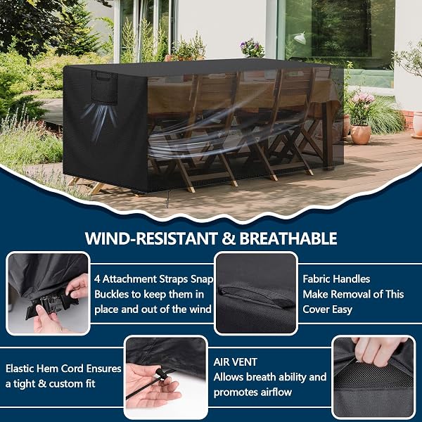 Marca: Aujink Funda Mesa Exterior Impermeable, Cubierta Tela Oxford 420D Anti Viento Anti UV, Negro, 242x162x100cm in use