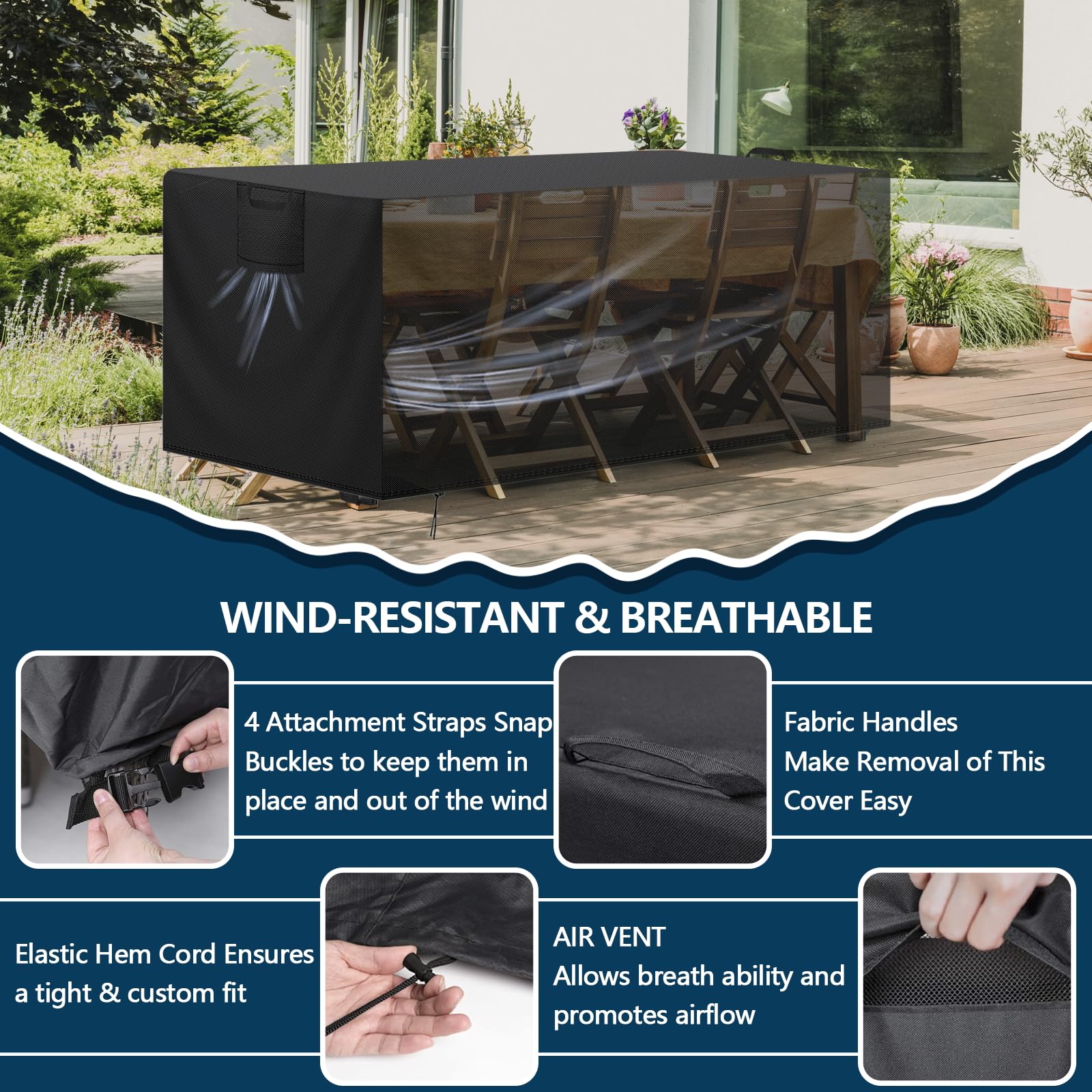 Funda Mesa Exterior Impermeable, Cubierta Tela Oxford 420D Anti Viento Anti UV, Negro, 242x162x100cm - 4