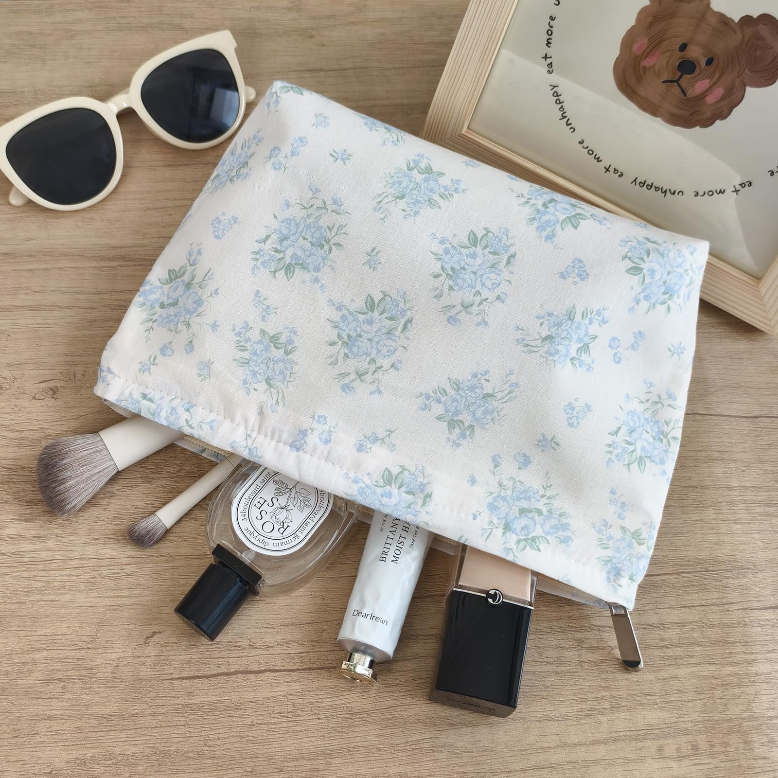 STARDW Neceser de viaje con diseño floral estético para mujeres y niñas, bolsa organizadora para el cuidado de la piel, bolsa con cremallera, Azul (Flowers Blue), Bolsas de maquillaje estéticas de