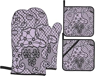 Guanti da forno e presine Set di 4,Stampa motivo vittoriano femminile gotico,guanti da barbecue in poliestere con fodera trapuntata cuscinetti caldi resistenti per in cucina Cottura alla griglia