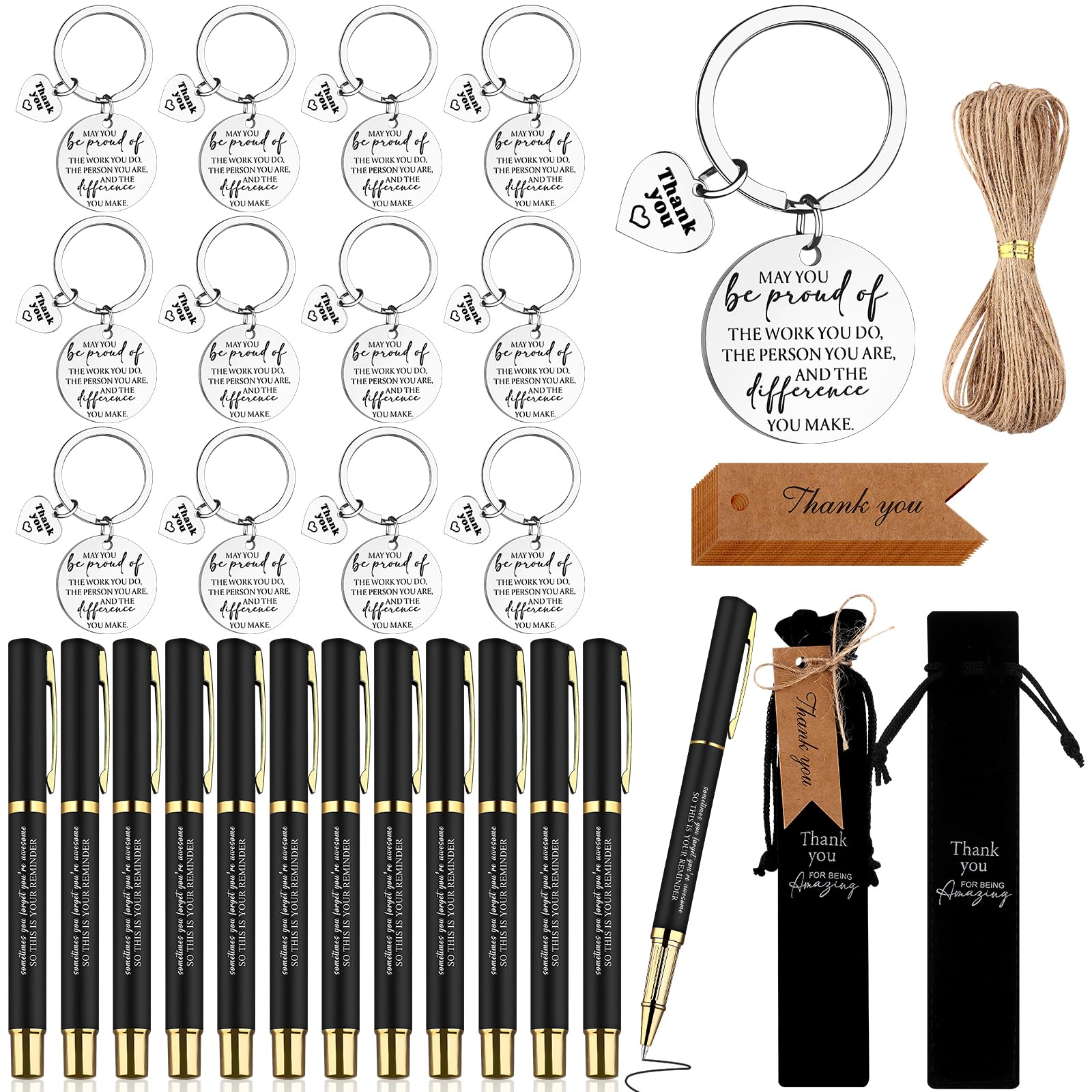 12 Set Inspirational Ballpoint Pens with Motivational Keychain Thank You Cards Gift Bags Personalized Employee Appreciation Gift Thank You Gifts Bulk for Teacher Coworker Team Staff Volunteer