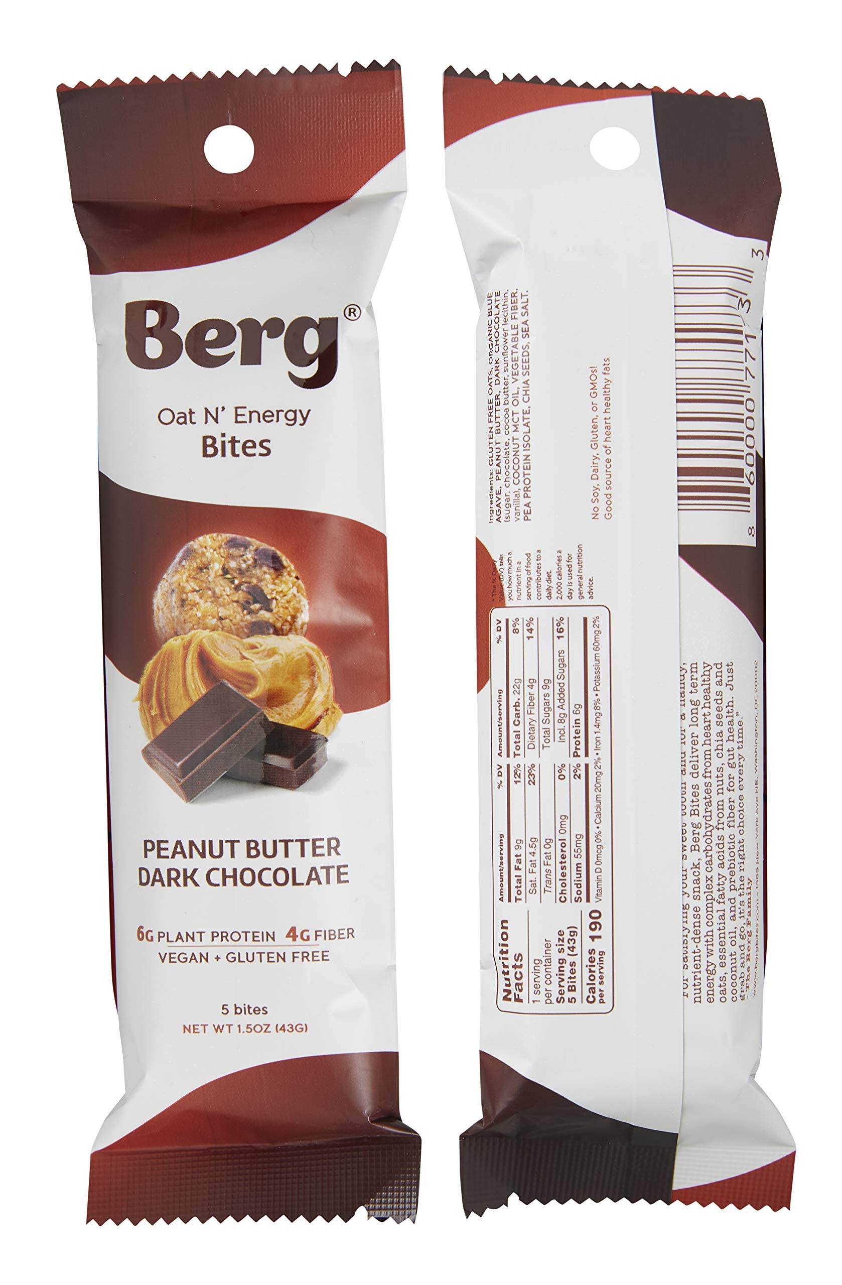 Berg Oat N' Energy Bites - Peanut Butter & Dark Chocolate - Non-GMO, Gluten Free, Dairy Free, Soy Free and Vegan - Clean Energy Snack - 1.5oz, (8 Pack)