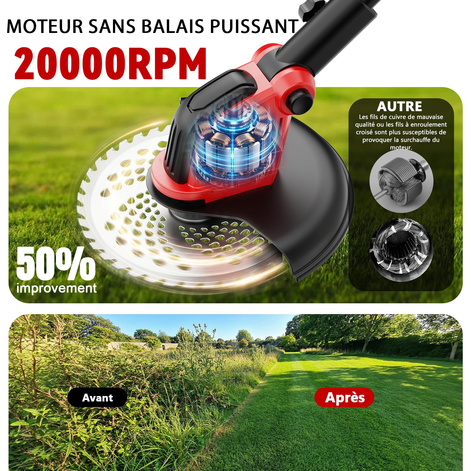 Lacoco 12 Pouces Débroussailleuse à Batterie Debroussailleuse Électrique sans Fil 850W avec 2 * 3.0Ah Batteries 4 Types de Lames Roues Réglable Coupe Bordure Coupe-Herbe à Gazon pour Pelouse Jardin