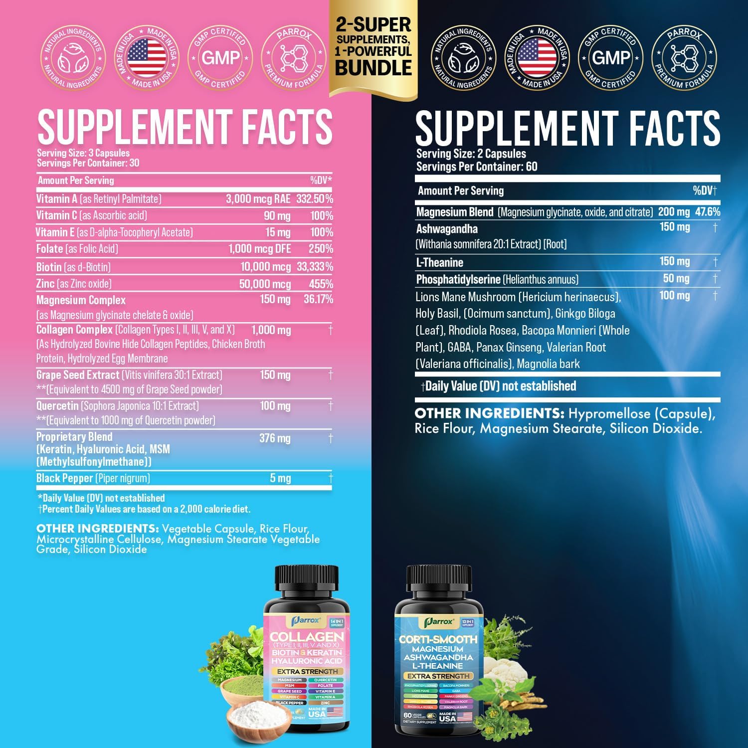 Shining Serenity Set, Cortisol Support with Ashwagandha, L-Theanine, Magnesium, Lions Mane, GABA, Bacopa Monnieri, Collagen I, II, III, V, X, Folate, Biotin, Keratin, Hyaluronic Acid, Quercetin - Image 2