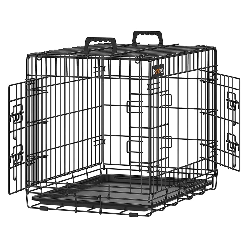 Feandrea Gabbia per Cani Pieghevole, con 2 Porte, Vassoio Rimovibile, 61 x 43,5 x 50,5 cm, S, Nero PPD024B01