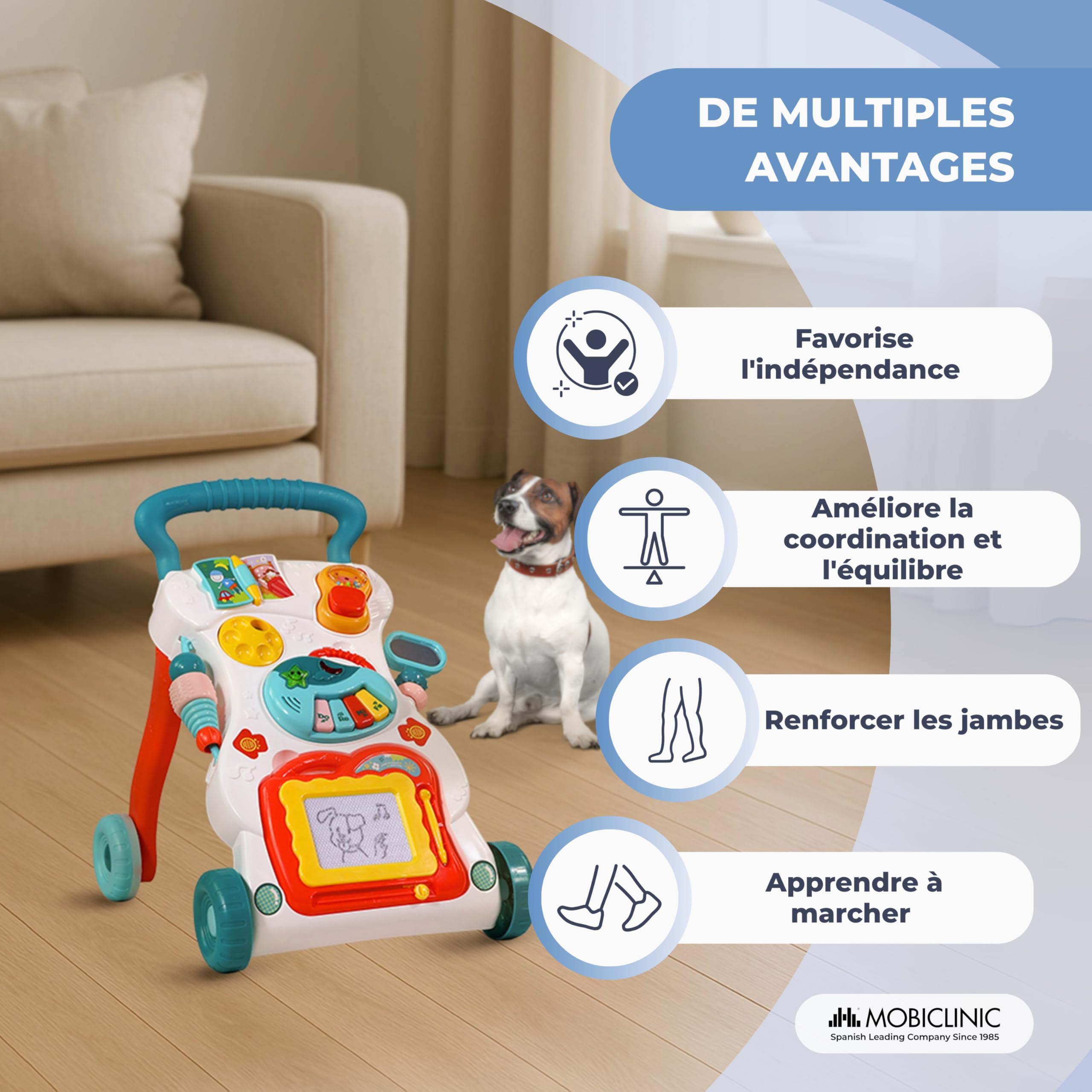 Mobiclinic®, Chariot de Marche Bébé, Avec Musique et Lumières, Vitesse Réglable, Jouets Amovibles, Master, + 6 mois, Centre d'activités Éducatives, Stable et Sûr, Multicolore