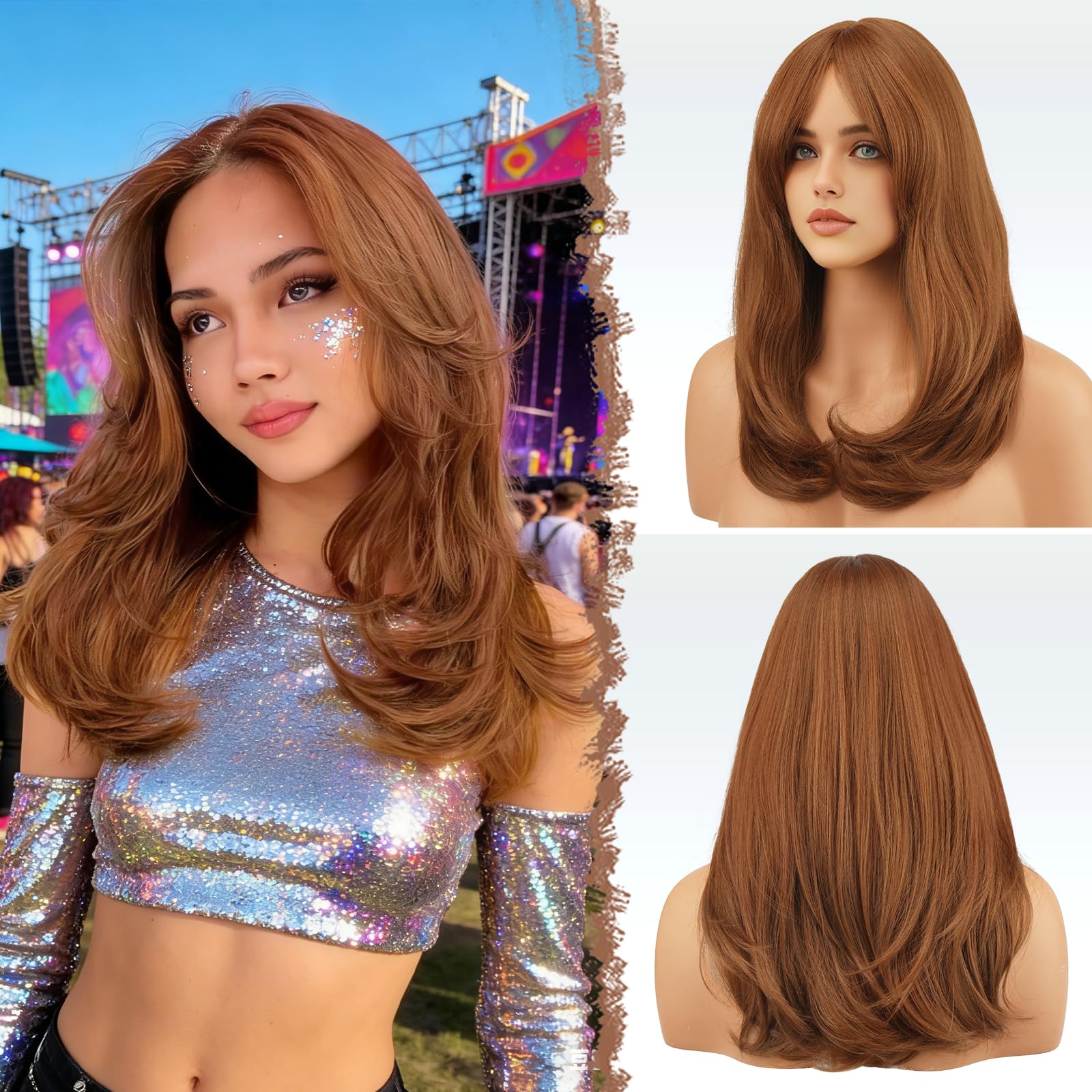 FESHFEN Wigs with Bangs for Women, Synthetic Natural Looking Long Layered Straight Auburn Hair Wig for Women Daily Party Use 18 inch