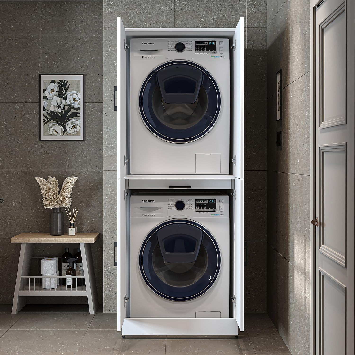 ROOMART Dora Armoire de machine à laver pour sèche-linge et machine à laver, en 4 couleurs, avec portes et planche coulissante (blanc)
