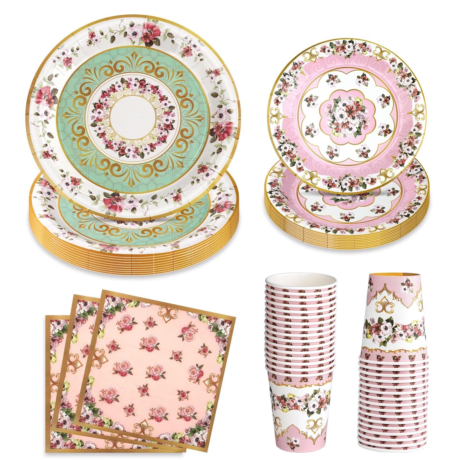 68Pcs Vintage Floral Gold Party Plates Set, 9" Green and 7" Pink Floral Paper Plates Napkins Cups Serves 16 Guests, Disposable Tableware for Afternoon Tea, Bridal Shower Birthday Party Decorations