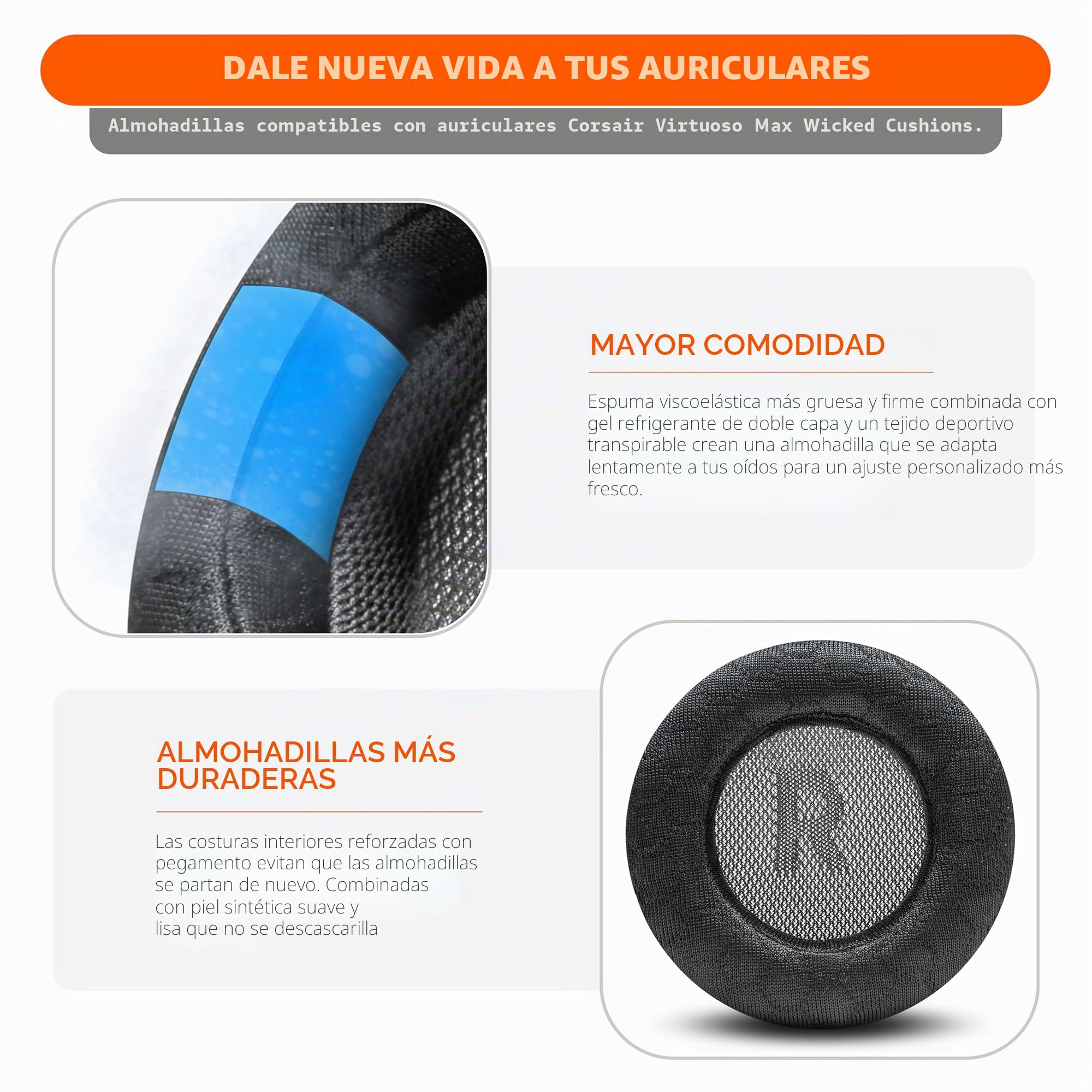 WC Freeze Virtuoso MAX - Almohadillas de Gel refrescante para Corsair Virtuoso MAX de Wicked Cushions | Mayor Comodidad, Tejido Deportivo Transpirable y Aislamiento acústico | Black