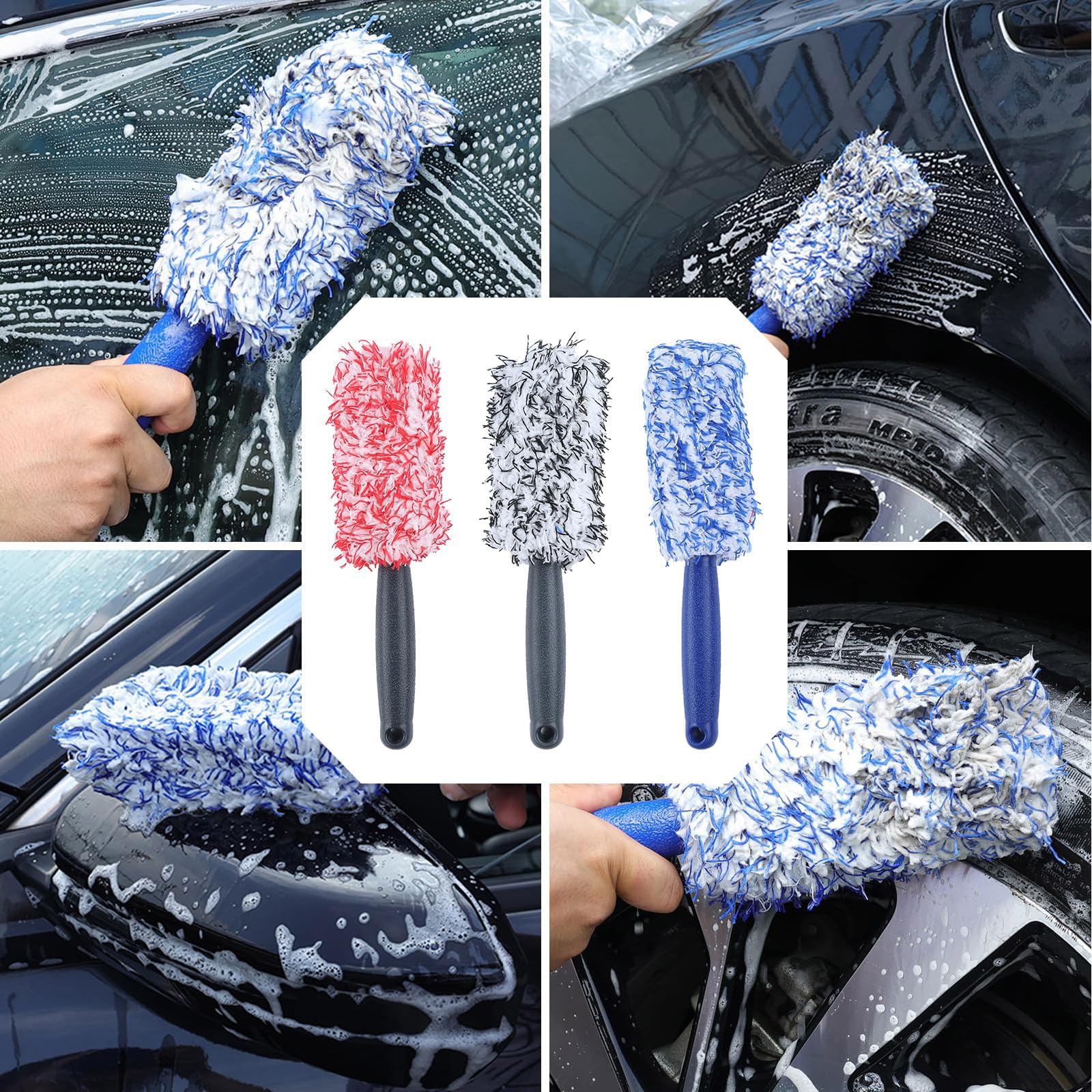 Szczotka do felg aluminiowych, 3 sztuki, szczotka do czyszczenia felg, płaska | Wheel Brush Premium szczotka do czyszczenia felg z mikrofibry ze szczotką do opon do wszystkich typów felg