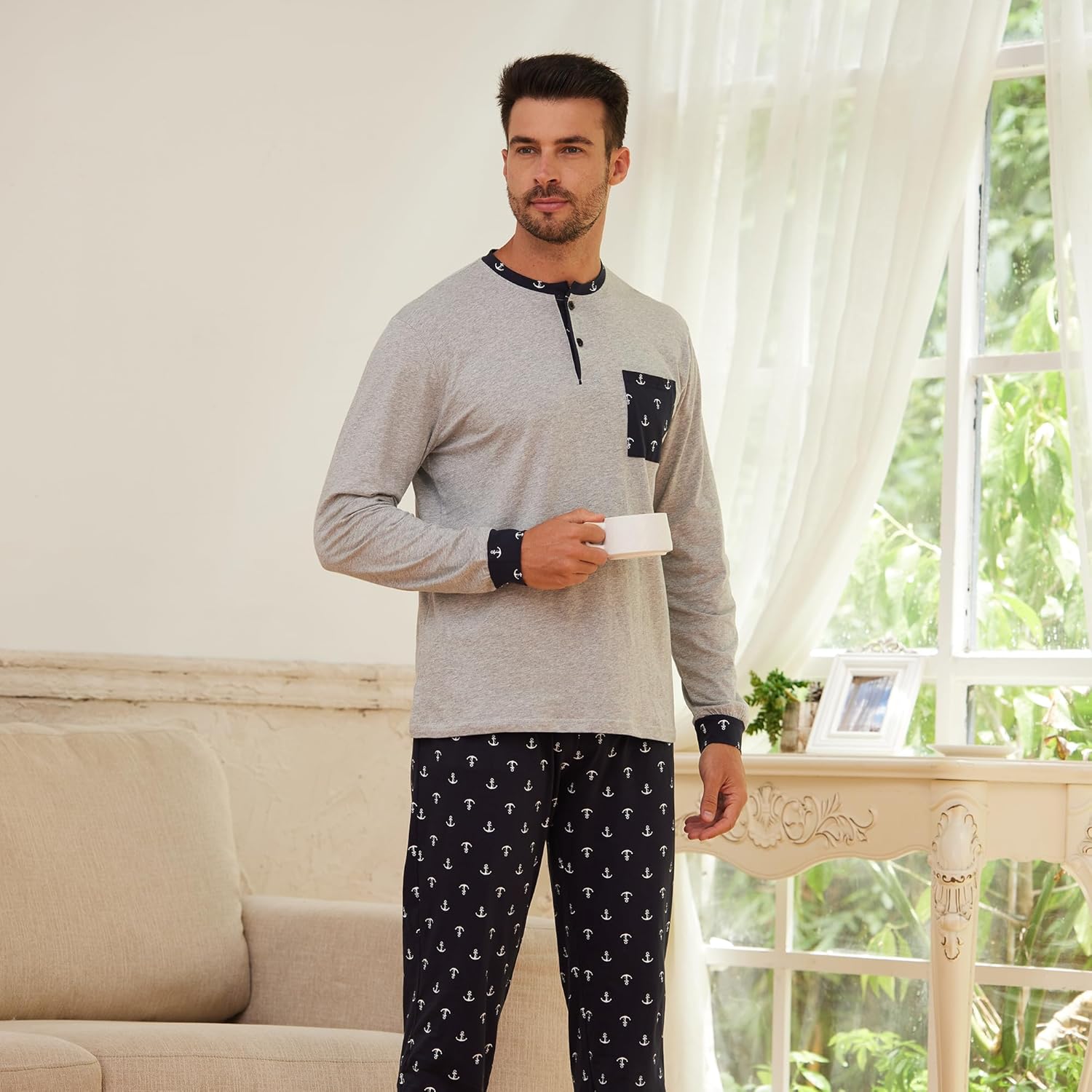 Keyocean Mens Henley Pajama Set, Soft Cotton Long-Sleeve T-Shirt & Pants 2-pieces PJ Set for Sleeping - Image 5