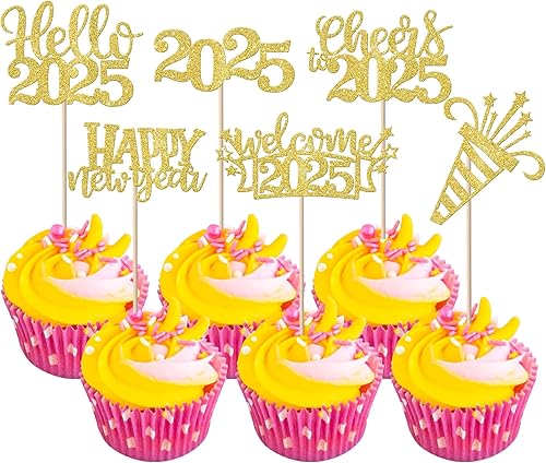 1 paquete de decoración de pastel de Año Nuevo 2024 con purpurina de fuegos artificiales Hola 2024 Año Nuevo, decoración para tartas de bienvenida