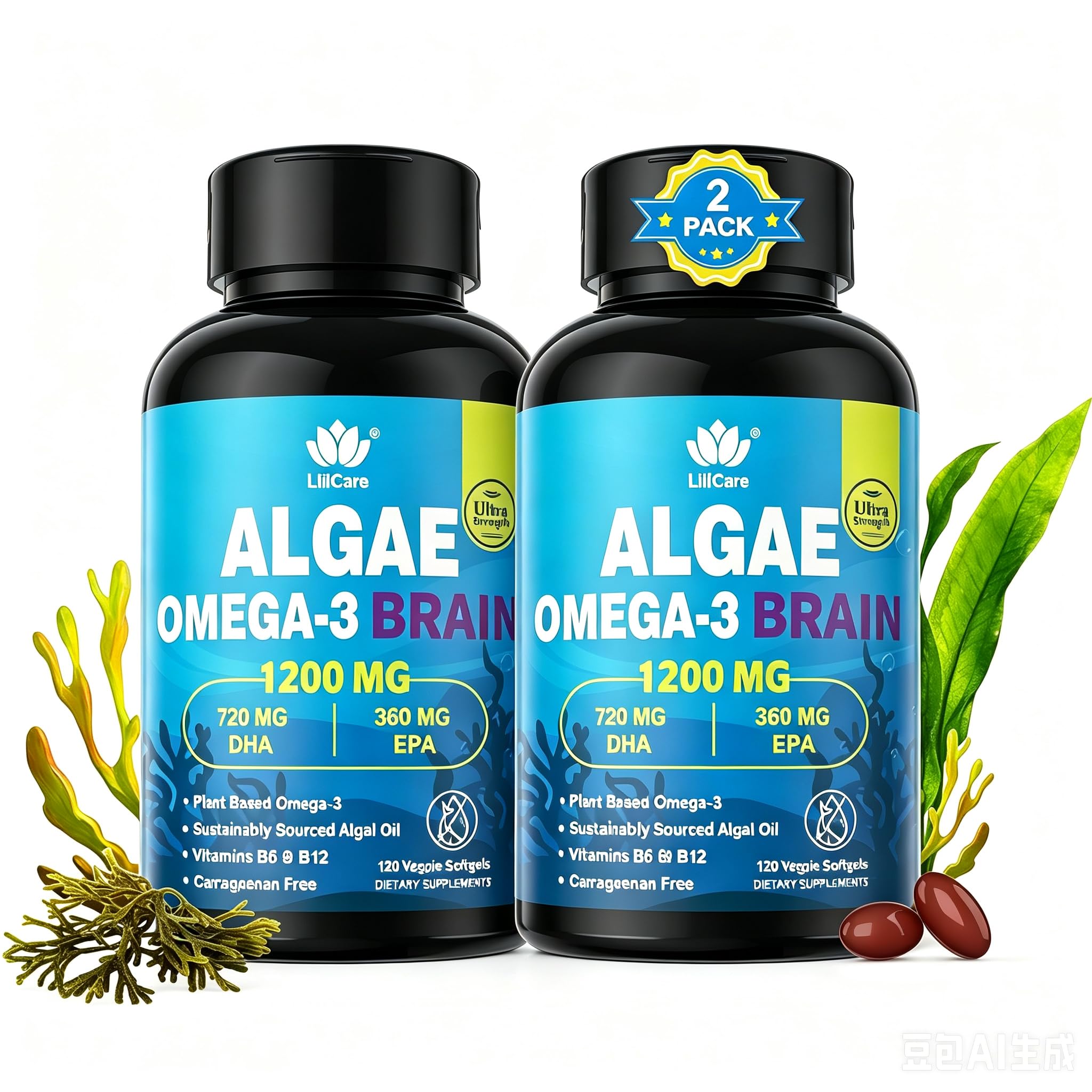 Vegan Omega 3 Algae Oil Supplement, Plant-Based EPA & DHA Fish Oil Alternative with Methylated B12, B6, B9, Vitamin E - Vegan Softgels for Brain, Energy, Immune Support for Women & Men,120 Count — Amazon image 10