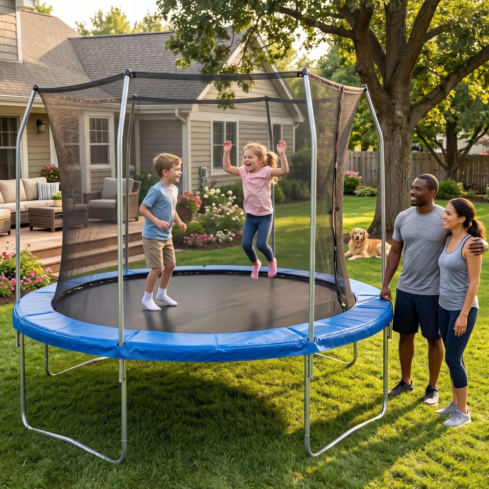 GOWENIC Tappetino di Sicurezza per Trampolino da 12FT, Imbottitura per Telaio Rotondo Impermeabile in PVC con Copertura a Molla per La Sostituzione, Schiuma EPE Blu, Antistrappo, Installazione Facile