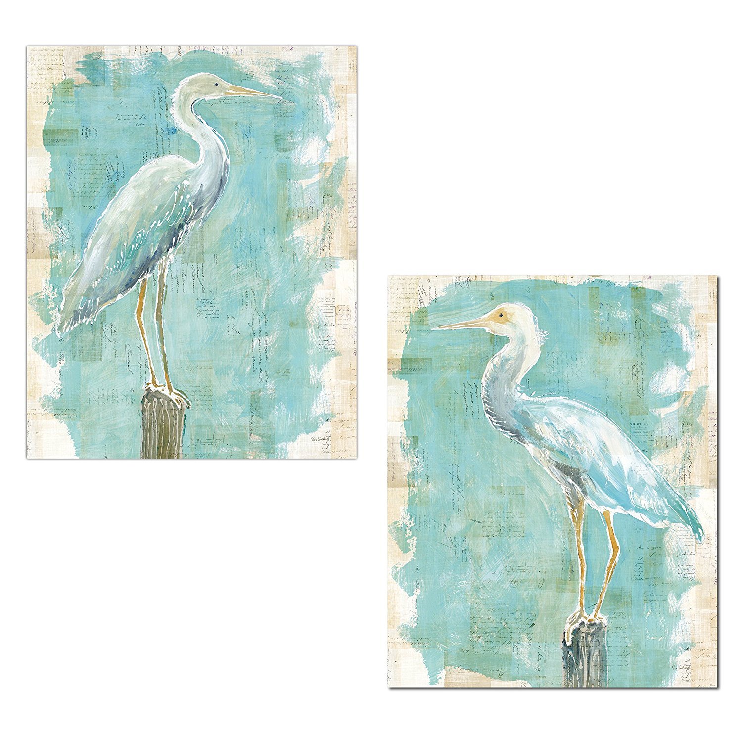 Gango Home Décor Lovely Watercolor-Style Coastal Egret Bird Prints by Sue Schlabach; Two 11x14in Unframed Paper Posters