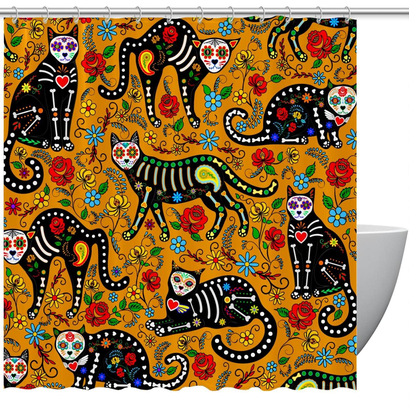 Rideau de douche chat Mexique jaune tissu lavable salle de bain