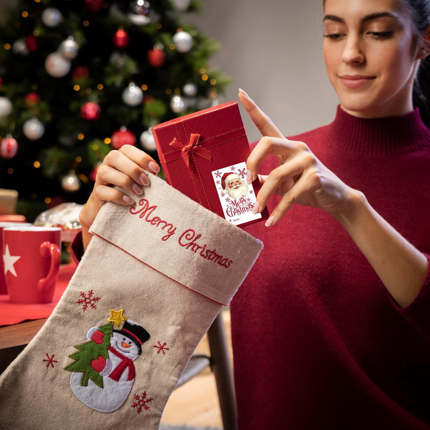 Merry Christmas Santa Claus Tag Stickers, Red Christmas Snowflake Gift Stickers for Envelopes Cards Goodie Bags, 20 Round and 20 Rectangular Labels, Wrapping Party Supplies and Favors-A01 - Image 6