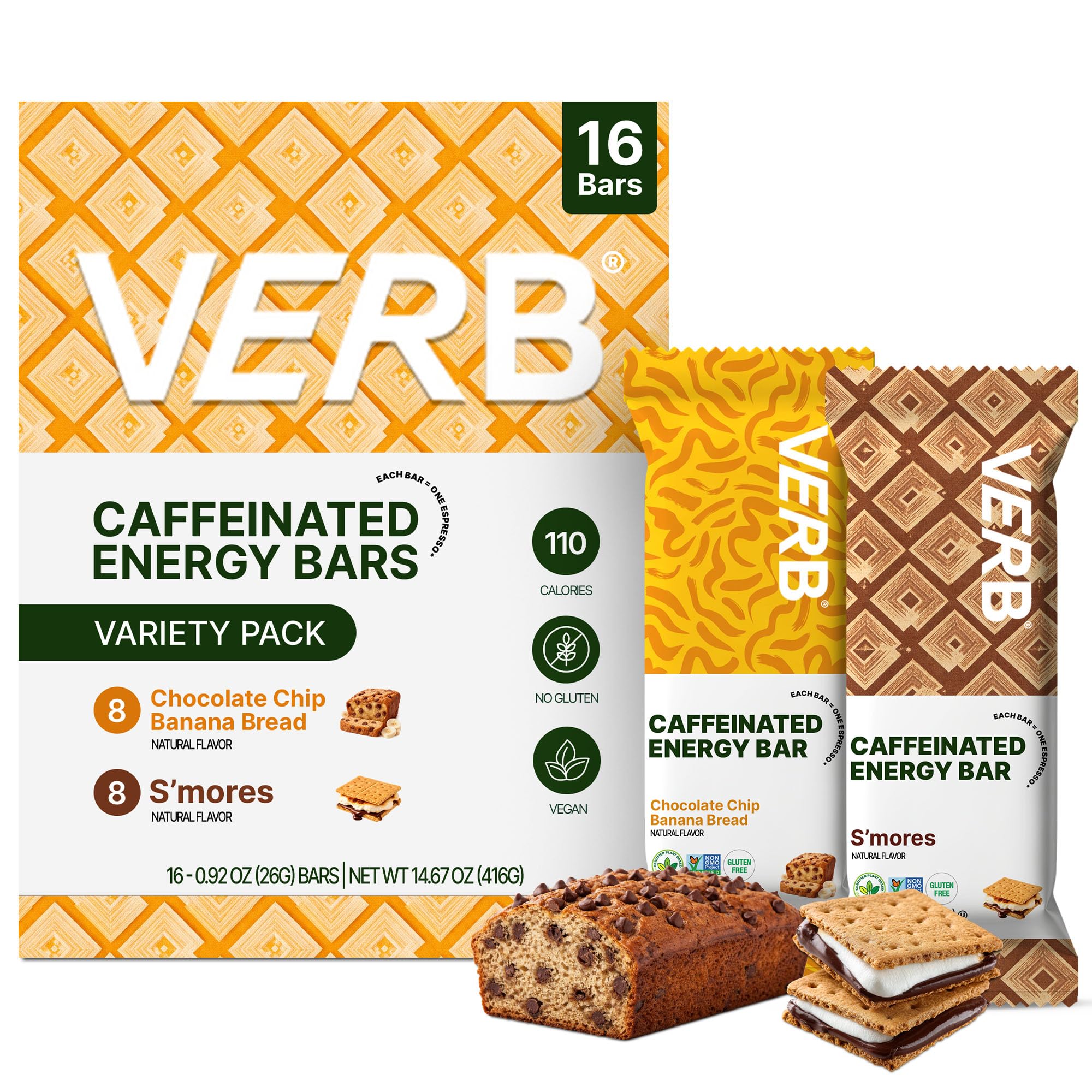 Verb Caffeinated Energy Bars Variety Pack - 2 Delicious Flavors (26g, Pack of 16) 110-Calorie Delicious Low Sugar Energy Bar, Vegan & Gluten Free On-the Go Snack with 80mg Green Tea Caffeine