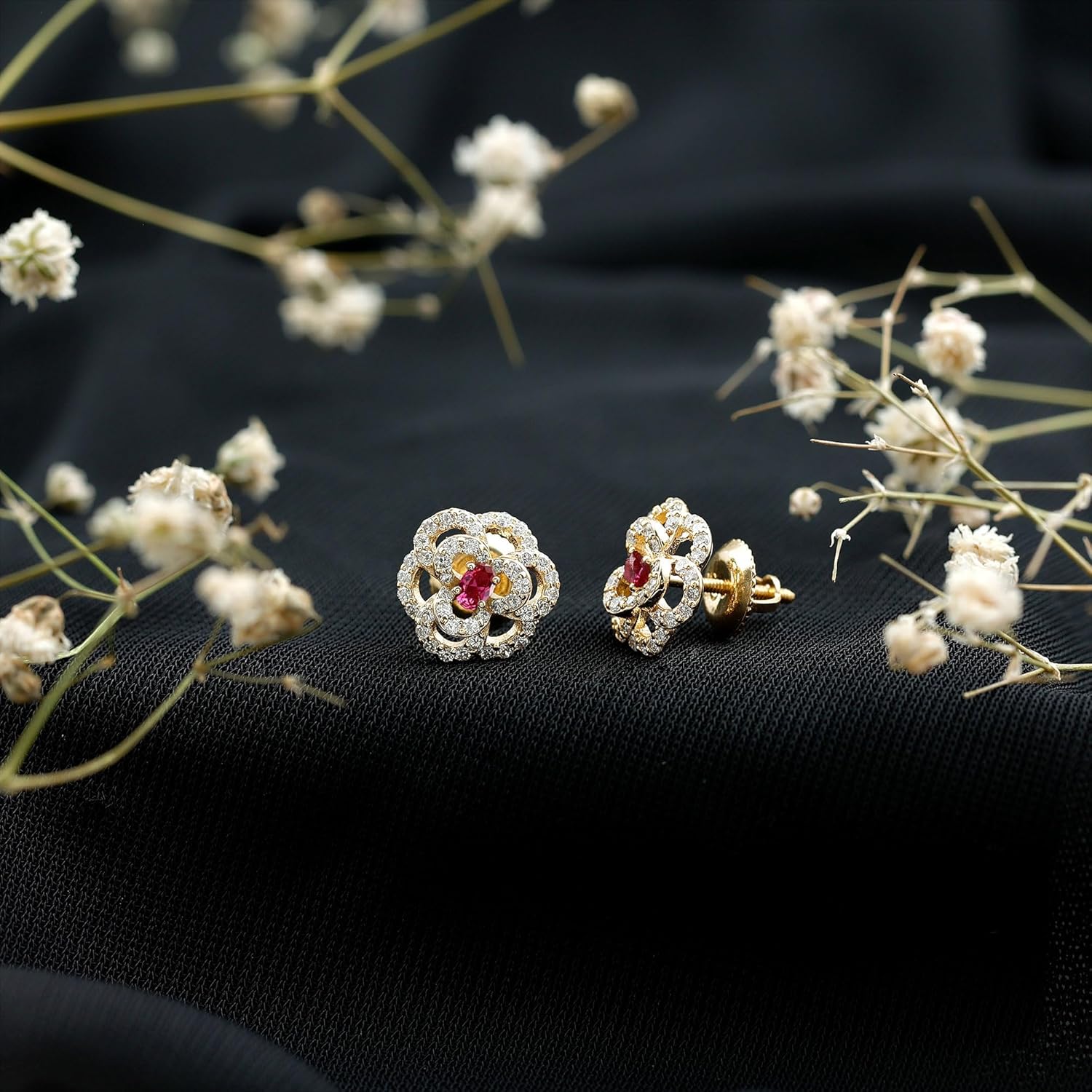 Certified Lab Grown Ruby Diamond Flower Earrings in Silver, Aaaa Quality, Ruby Statement Earrings - Unique Gift For Women - Image 5