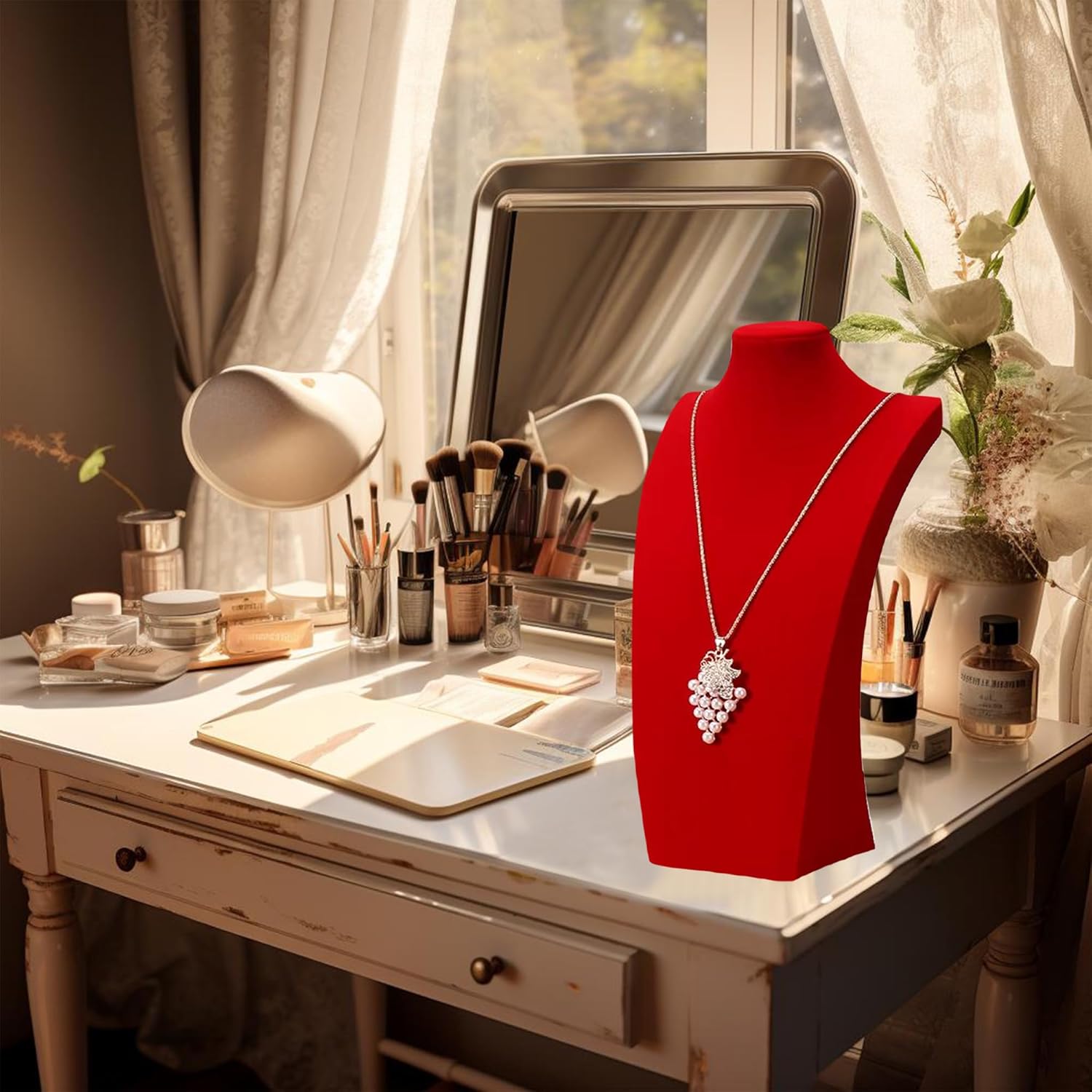 Necklace Display Stand Red Velvet:Jewelry Mannequin Model Necklace Holder,3D Jewelry Chain Organizer,Jewelry Bust Display Holder,Red,11.8in
