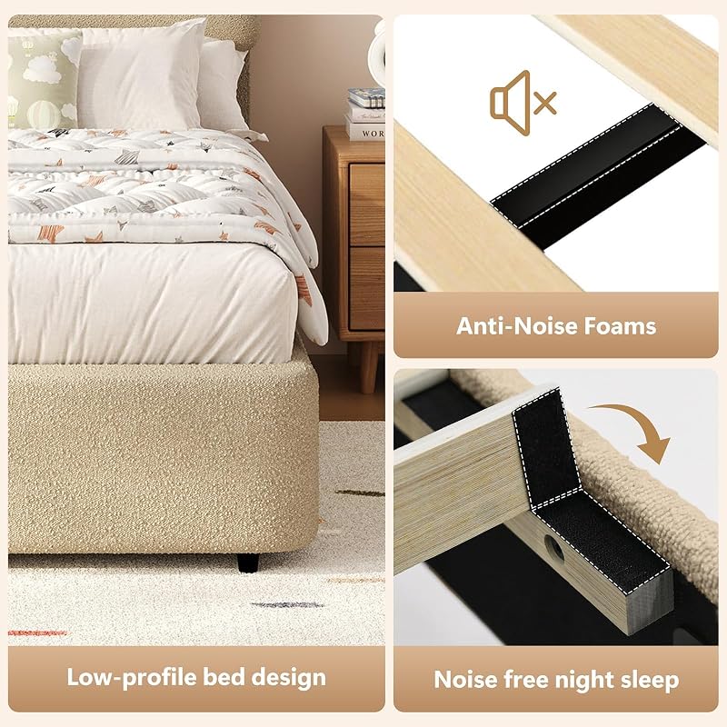 HOMBCK Queen Bed Frame, Beige Boucle Upholstered Bed, image 6