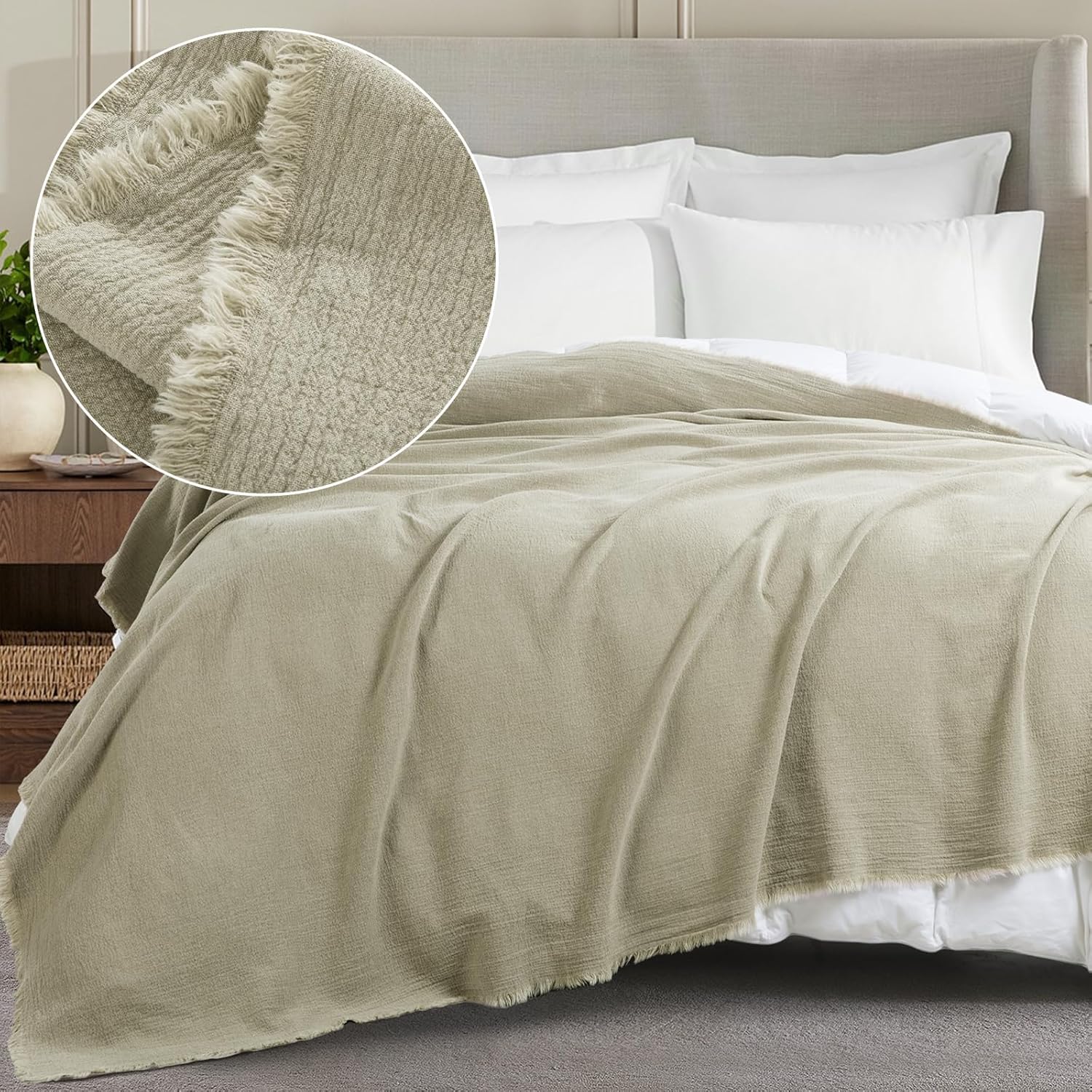 HOMBYS 100% Pure Linen Blanket-Soft Reversible Throw Lightweight Blanket in Natural Linen Color Bed Blanket (Flax Color, 50''x60'')