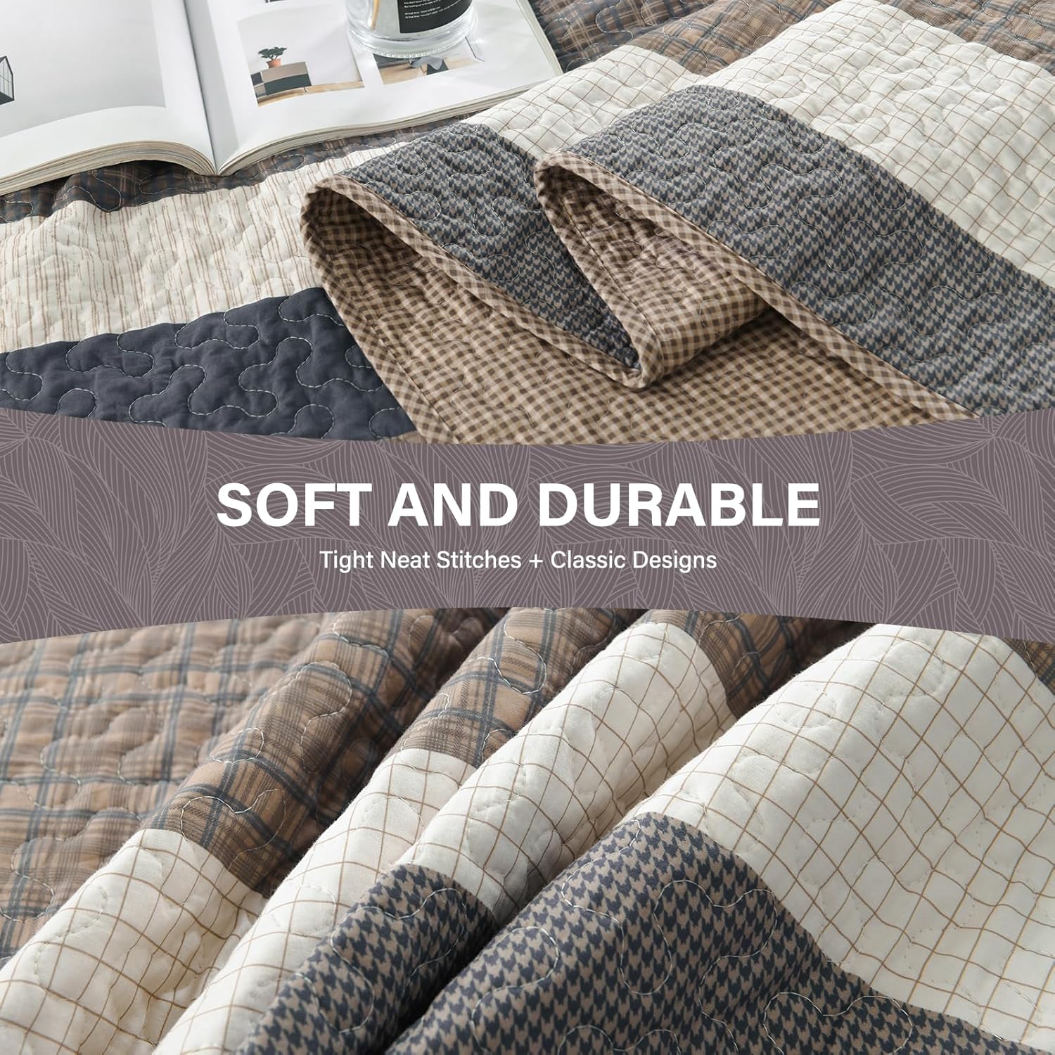 SahSahCasa Quilt Set Queen Size, 100% Cotton, Queen Comforter Set, Striped Quilted Bedspreads, Farmhouse Queen Bedding Set, Reversible Lightweight Bed Spread for All Season, Brown/Beige/Gray/Cream - Image 5