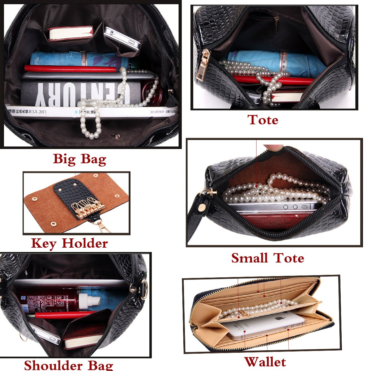Conjunto de Bolso para Mujer de 6 Piezas Bolsos Bandolera Mochila Totes Shoppers y bolso de hombro Billetera Llavero Cuero de PU Carteras de mano y clutches Escuela Compras Shoulder Bag