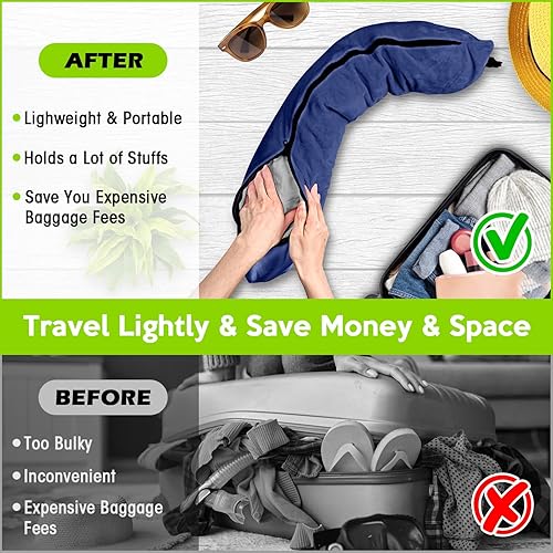 Miniatura 9 de Almohada de viaje rellenable de 2 piezas, almohada para el cuello para viajes, terciopelo suave, bolsa de almacenamiento para ropa rellenable, funda