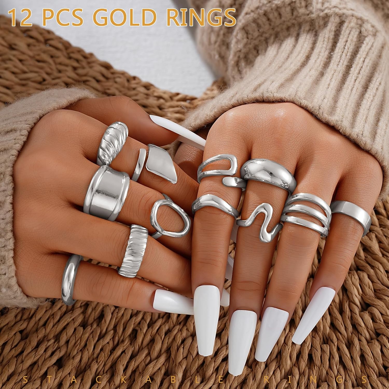 17 MILE Chunky Gold Stackable Rings for Women Non Tarnish, 18K Gold-Plated Statement Open Stacking Rings, Knuckle Band Ring Set - Image 4