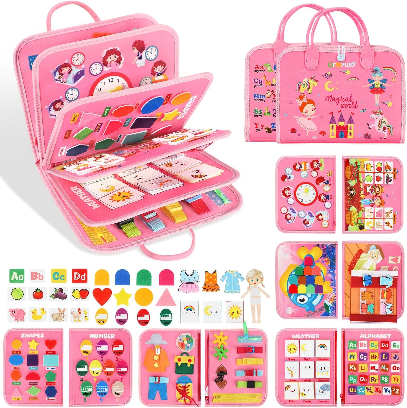 URMYWO Busy Board for Toddlers 12 Pages Montessori Toys for 3-5 Year Old Boys Girls Learning Activities Travel Toys with Alphabet,Weather,Time,Planets Gift for Age 3-5 Pink