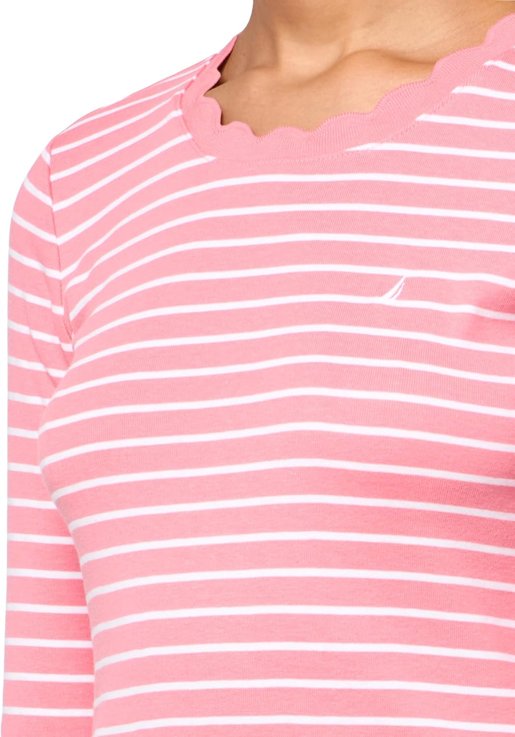 Nautica Womens 3/4 Sleeve Length Cotton Striped Scalloped Knit Top - Image 3