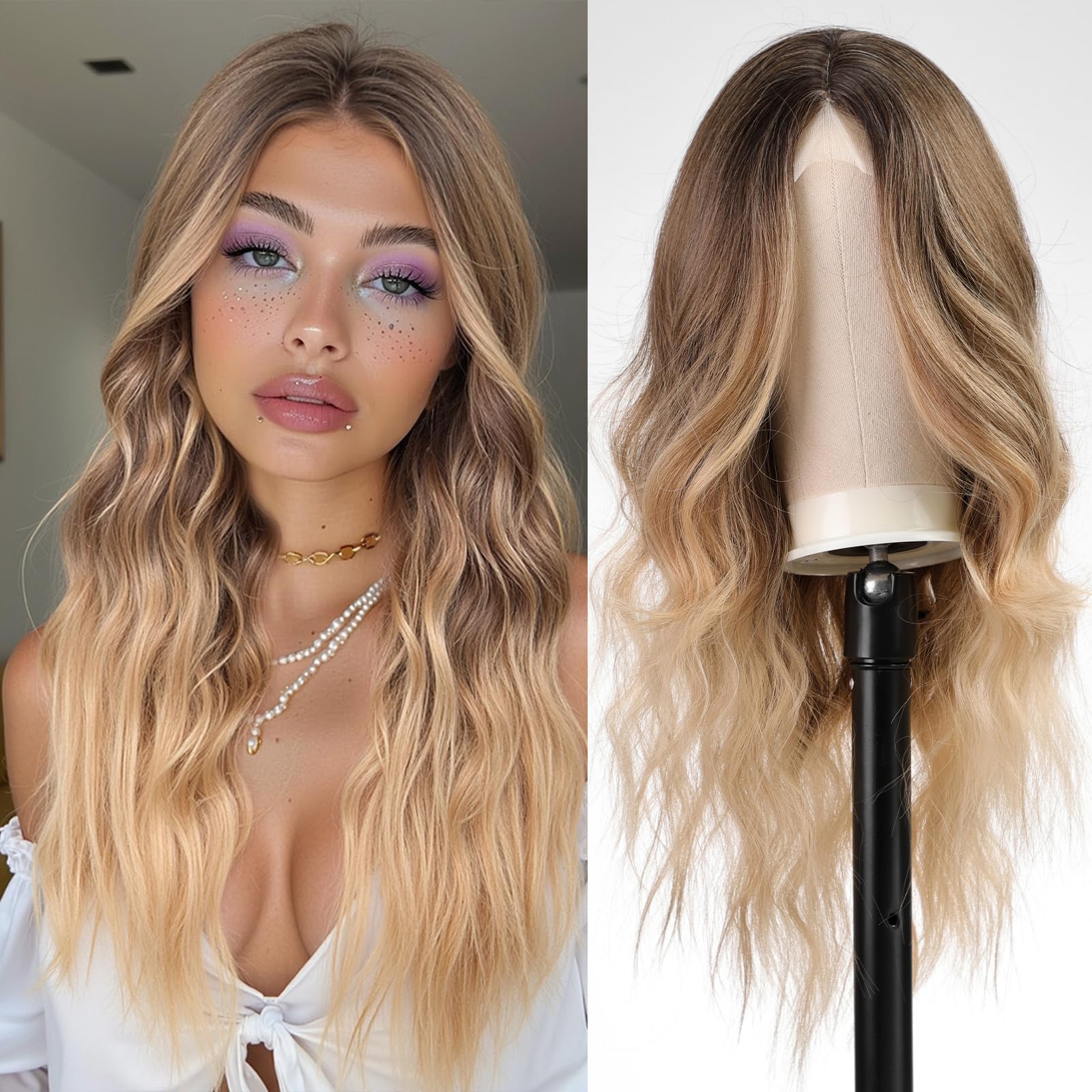 Perruque synthétique longue ondulée blonde femme WOKESTAR postiche long bouclé pour soirée et cosplay - 6