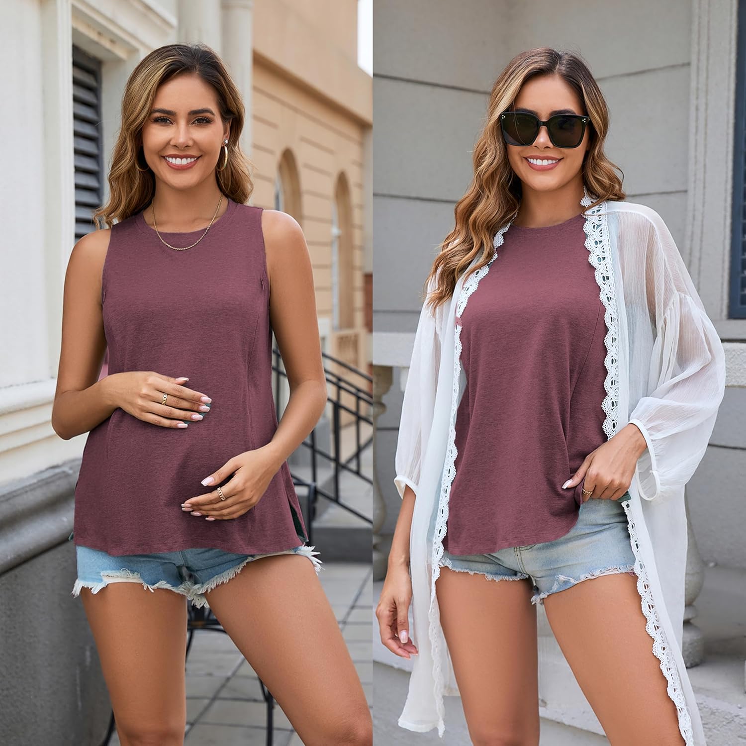 Ecavus Women's 3-Pack Nursing Tank Tops Hidden Zippers Sleeveless Breastfeeding Shirts Loose Fit Maternity Tops - Image 2