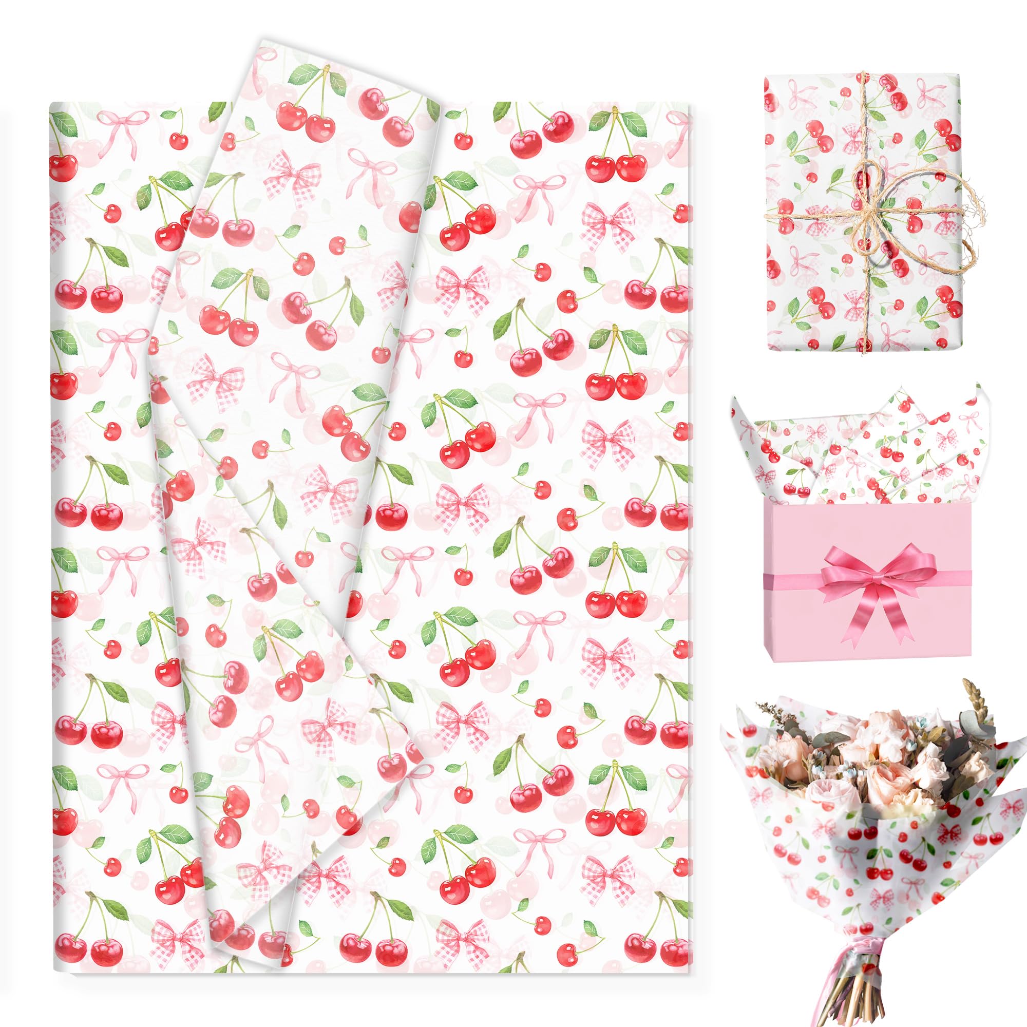 50 Blatt Rosa Seidenpapier mit Kirsch Motiv Retro Frucht Muster Geschenkpapier DIY Bastelpapier für Geburtstag Party Hochzeit, 50x35 cm