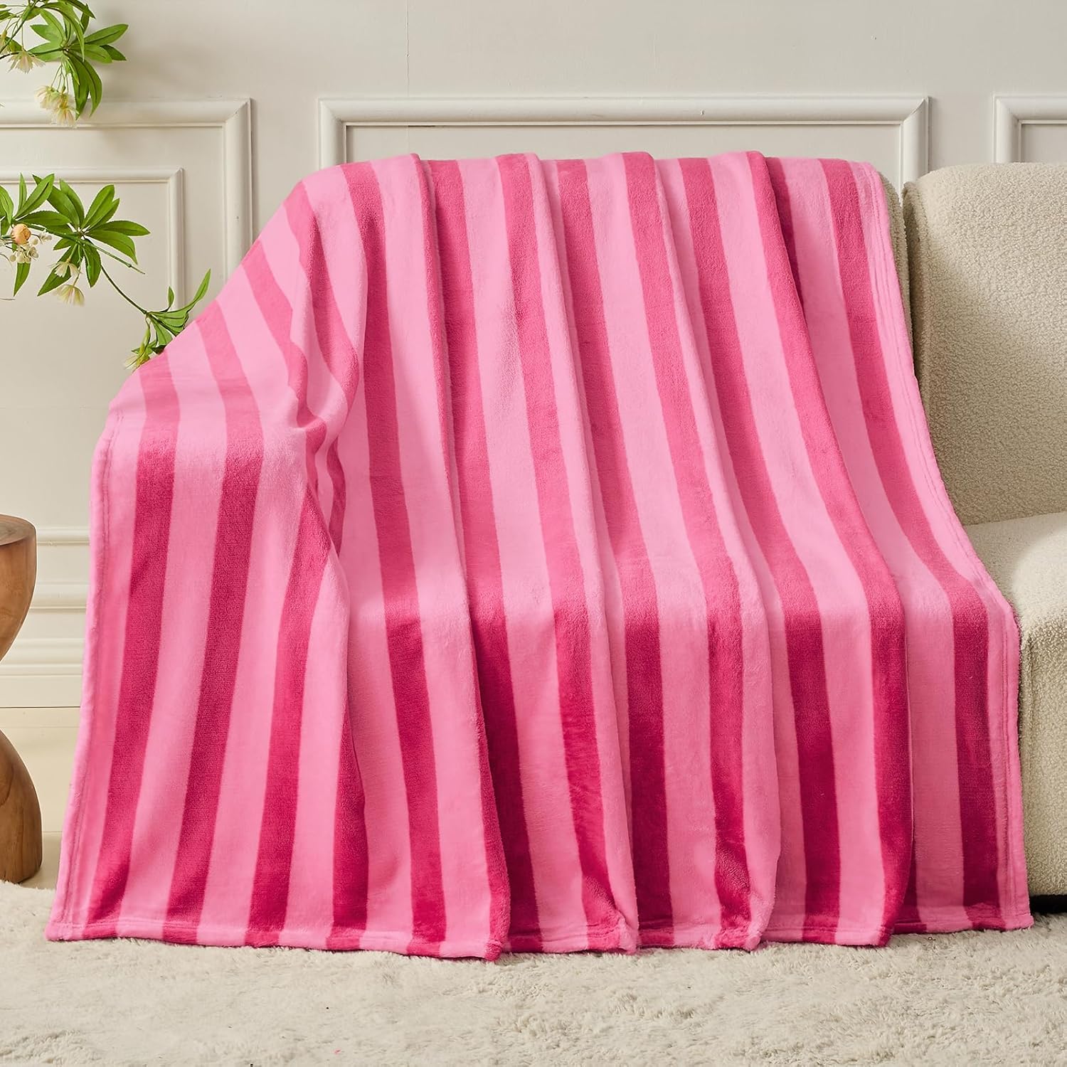 FY FIBER HOUSE Striped Flannel Throw Blanket - Soft Cozy Striped Blanket for Couch, Sofa, or Bed - 50"x60", Hot Pink, All Season Use - Image 3