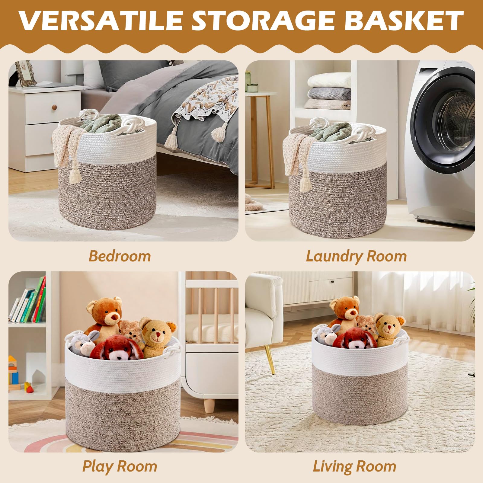 Woven Laundry Basket, Cotton Rope Toy Storage Baskets, Blanket Basket Living Room, Soft Woven Storage Basket with Handle - Image 4